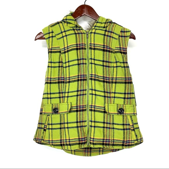 Mossimo Supply Co. Jackets & Blazers - Mossimo Supply Co Retro Lime Green Blue Multi Plaid Full Zip Vest Faux Fur Hood